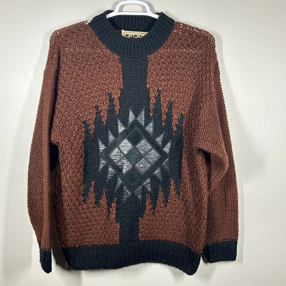 Vintage Forum Mens Brown Black Chunky Knit Leather Patchwork Sweater Large Korea